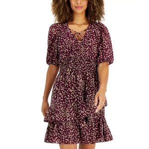 Taylor Dress Petite Womens Ditsy Floral Print Smocked Waist Short A-Line Chiffon